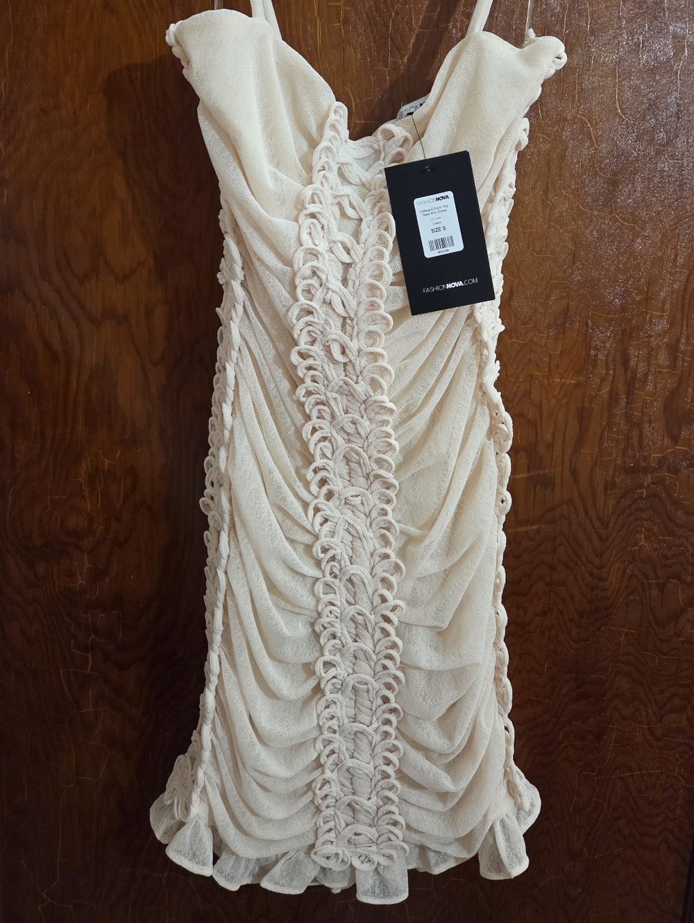 NWT Fashion Nova cream ruched mini DRESS with lace trim size S